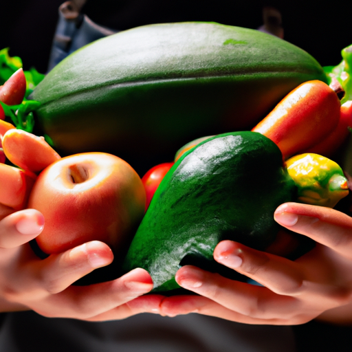 תקריב של ידיו של אדם אוחזות במגוון פירות וירקות טריים.