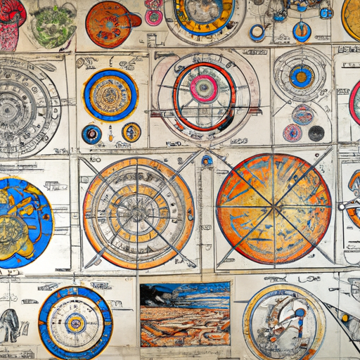 אוסף של מפות עתיקות הכוללות סמלים אסטרולוגיים שונים, המציגות את התקופות השונות של ההיסטוריה.